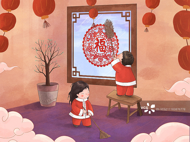 年俗插画扫房子横版图片素材
