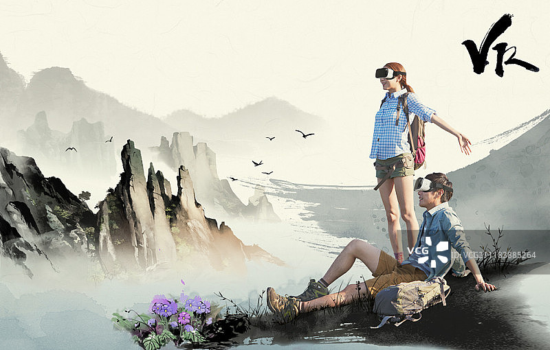 水墨画风格的VR游客图片素材
