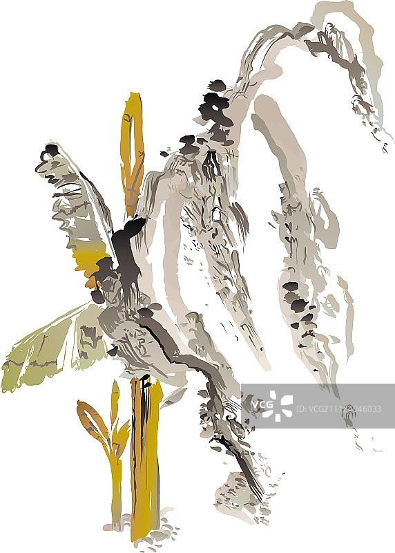 韩国传统绘画：手绘水墨自然风光图片素材