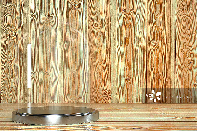 3D木纹桌子上的玻璃罩图片素材