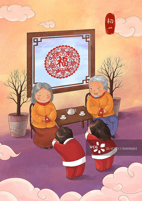 年俗插画大年初一图片素材