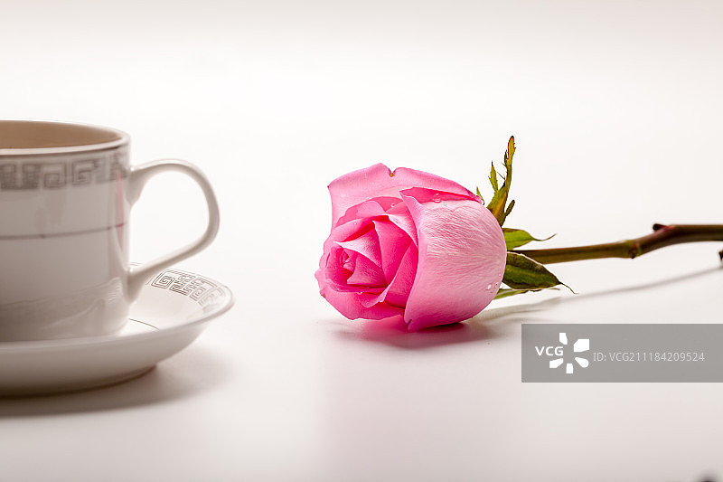 咖啡与玫瑰花的相伴图片素材