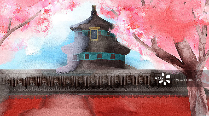 水彩水墨古风风景系列之天坛春天图片素材