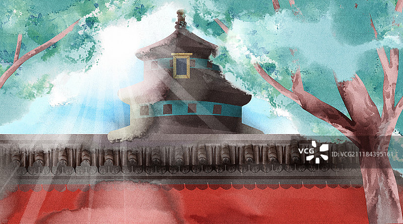 水彩水墨古风风景系列之天坛夏天图片素材