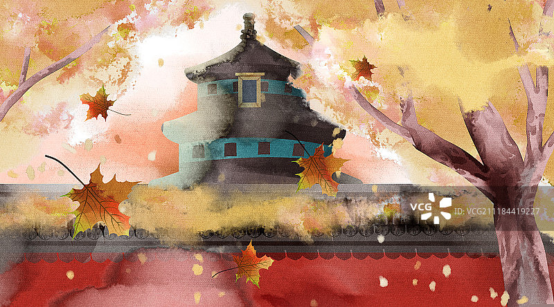 水彩水墨古风风景系列之天坛秋天图片素材