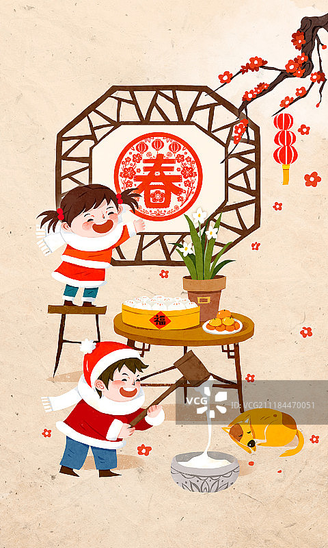 腊月二十八打年糕贴窗花图片素材