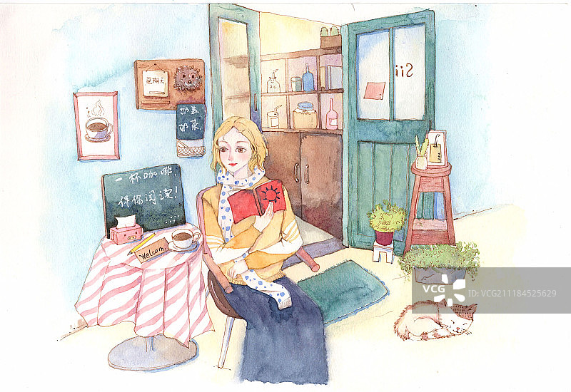 少女悠闲阅读插画图片素材