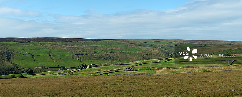 约克郡河谷景观宽幅全景：田野和农舍被石头围墙环绕图片素材