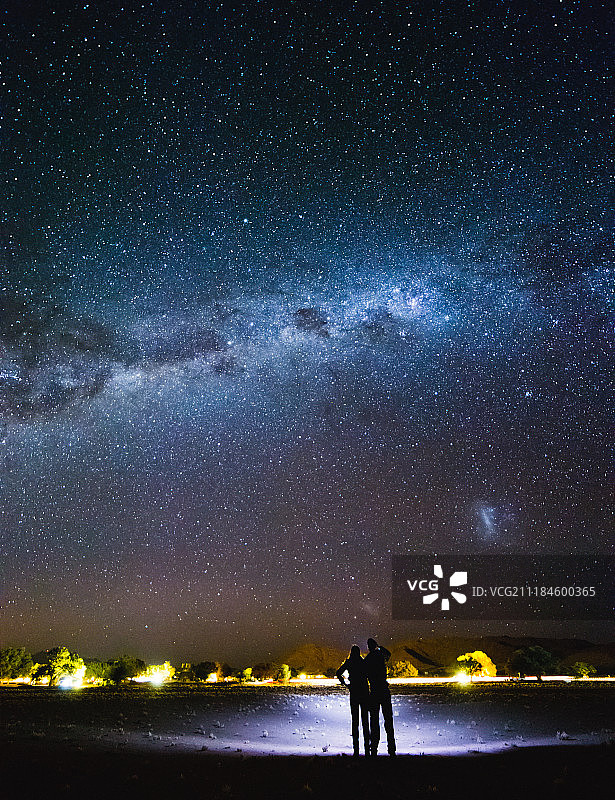情侣用手电筒指向银河图片素材