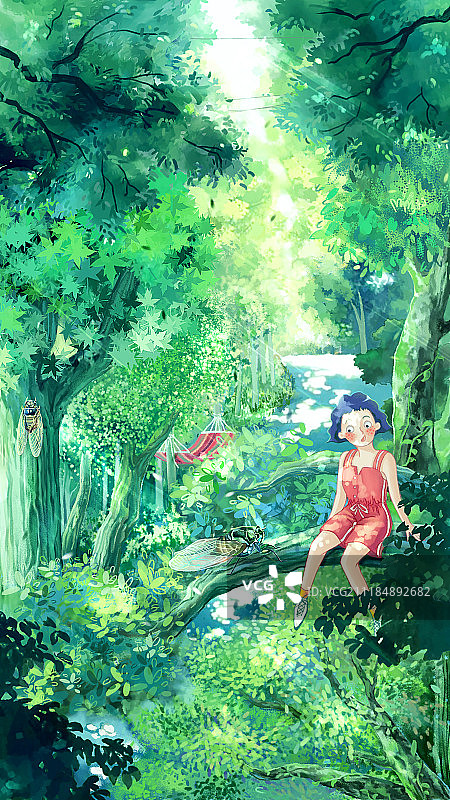 树荫下乘凉的女孩图片素材