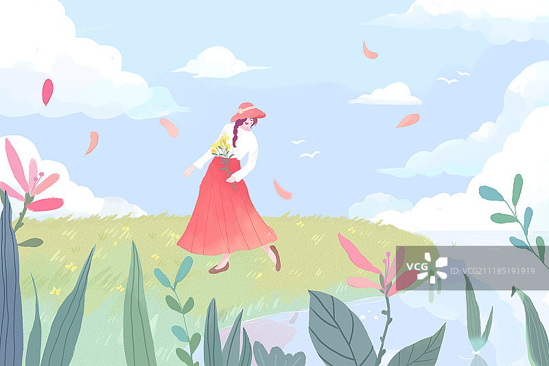 春天里的女孩插画图片素材