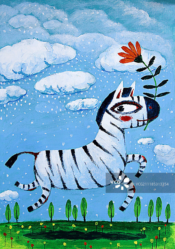 丙烯画在草原上飞奔的斑马图片素材