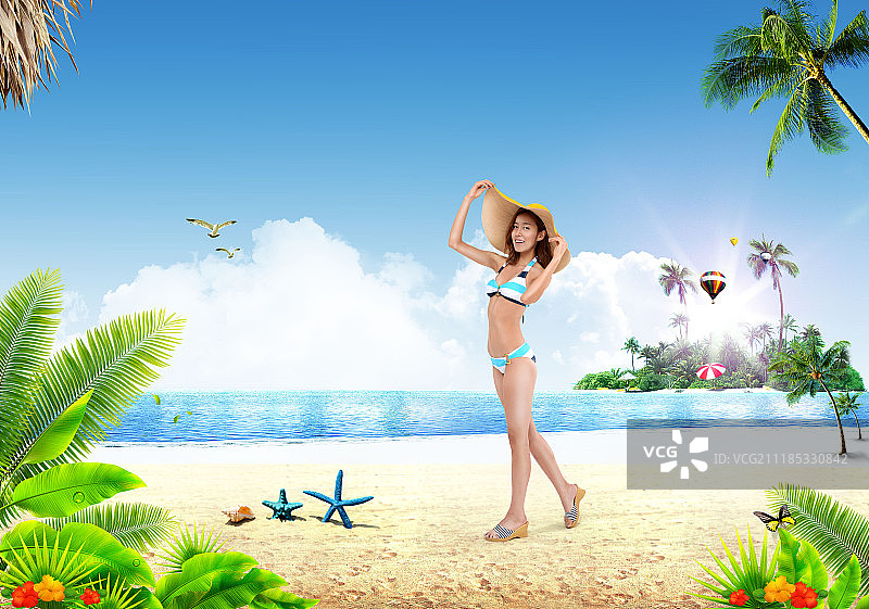 夏季比基尼情侣海滩度假图片素材