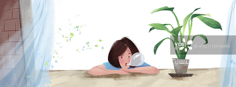 女孩爬在窗前发呆图片素材