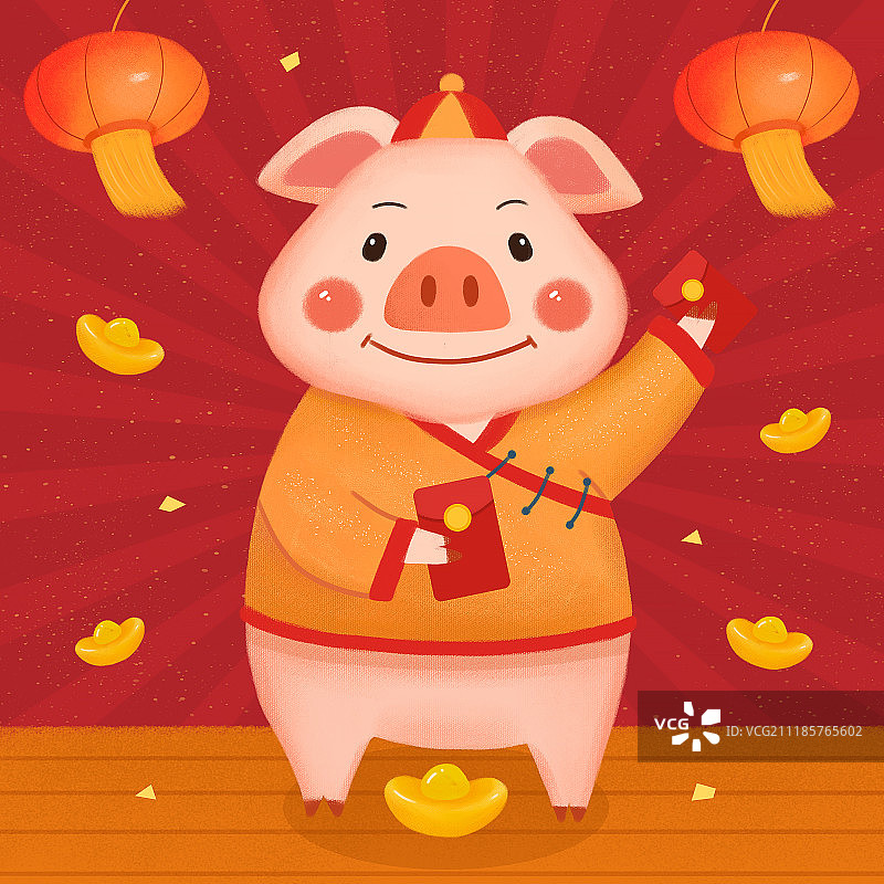 2019红黄色喜庆中国风猪年快乐新年大吉手绘插画海报图片素材
