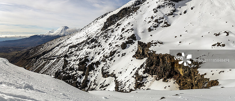 新西兰瓦卡帕帕滑雪场远处的瑙鲁赫伊火山图片素材