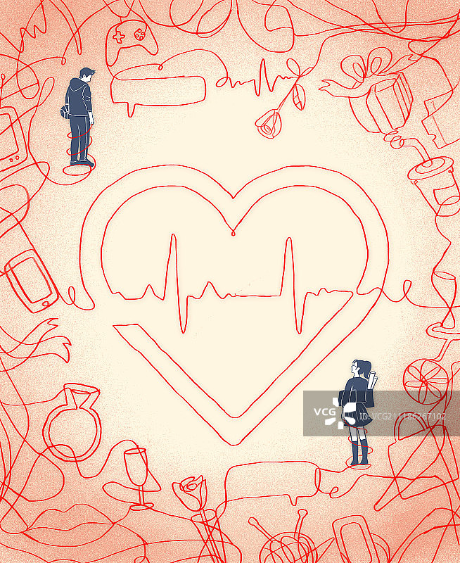 一对被姻缘红线连接的情侣相望图片素材