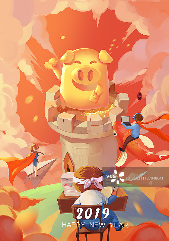 金猪贺岁财源滚滚插画海报图片素材