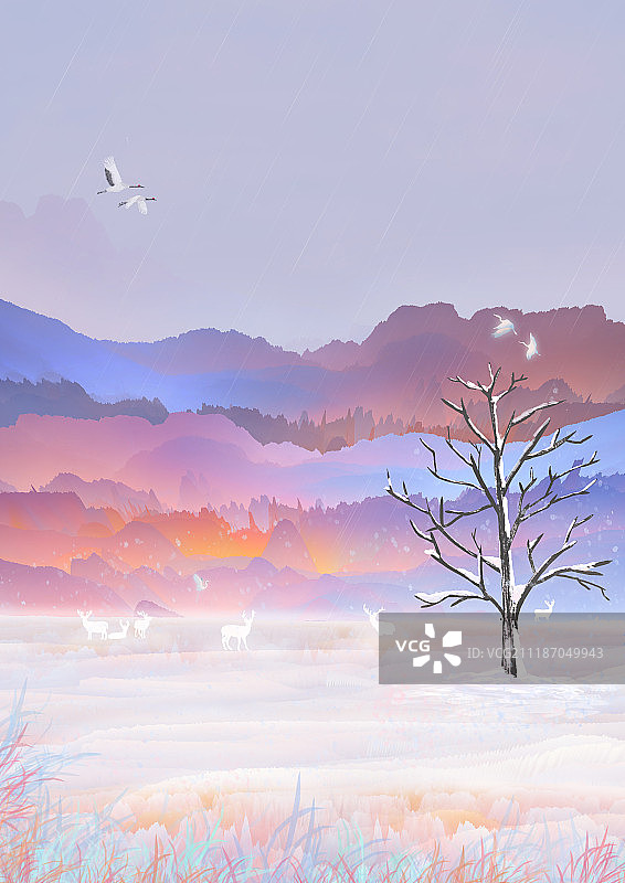 雪山枯树旁休息的鹿与群鸟图片素材