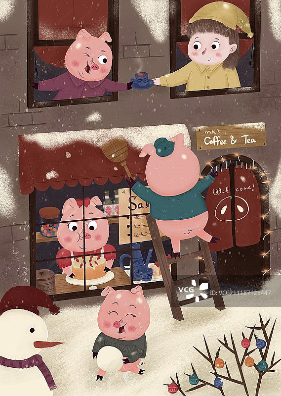 小猪的雪天咖啡馆图片素材