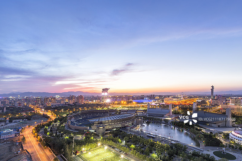 北京奥体中心航拍视角夜景图片素材