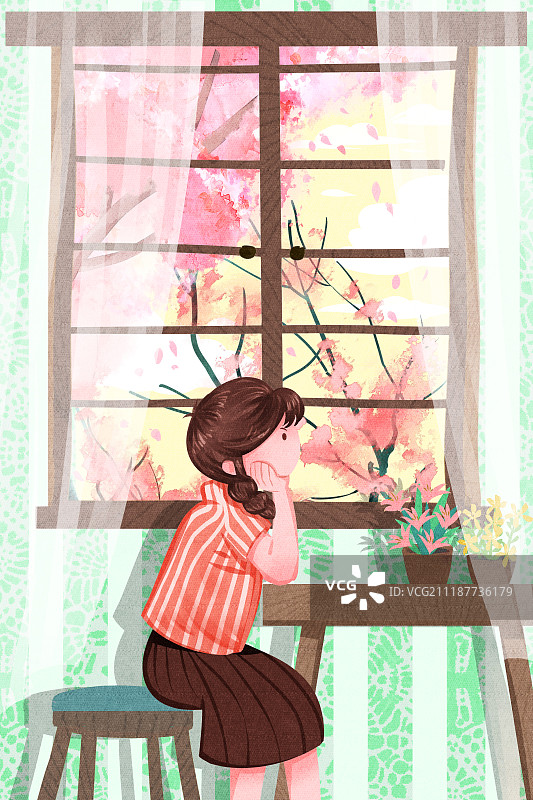 春天女孩托腮思考图片素材