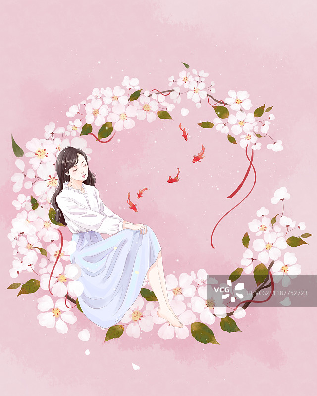 樱花上的女孩图片素材