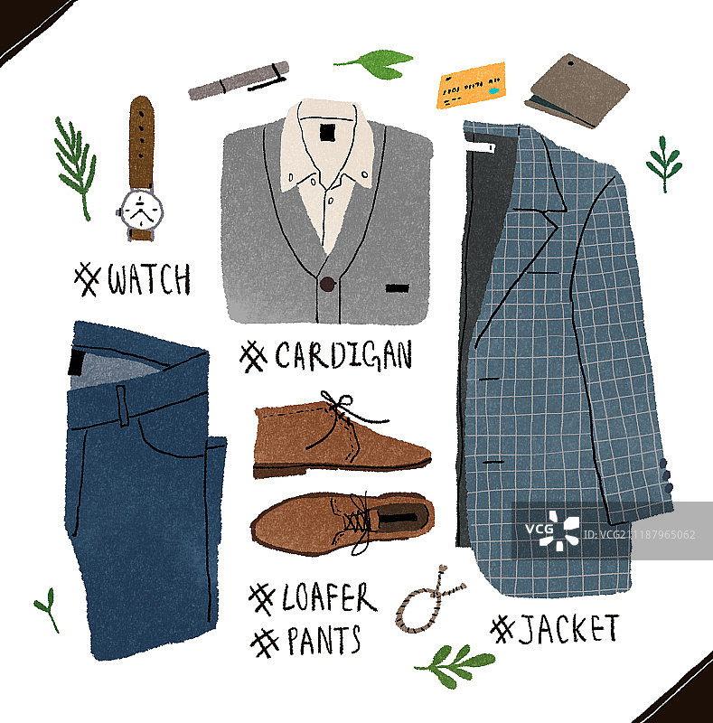 男士服装、时尚、手绘夹克和乐福鞋图片素材