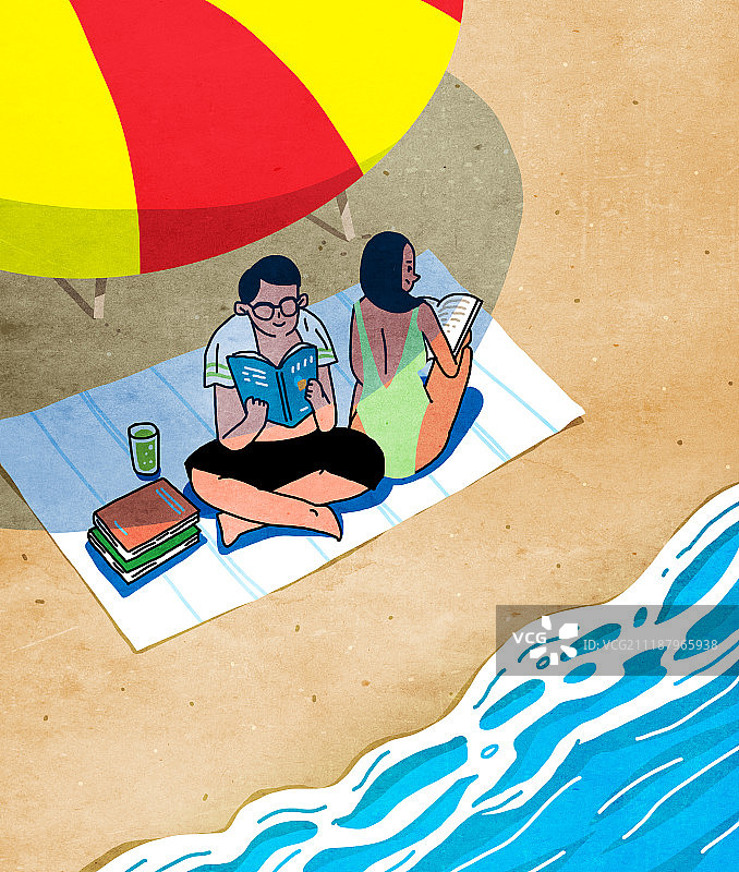 生活方式：阅读，书籍，假期，爱好，海滩，遮阳伞图片素材