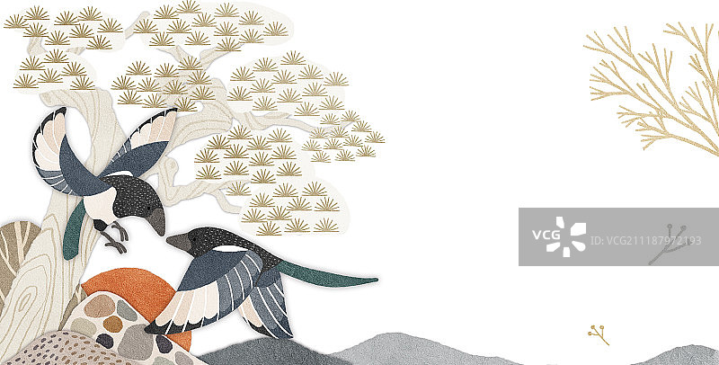 背景、新年（节日）、水彩（绘画技巧）、童话、喜鹊、太阳（天空）图片素材