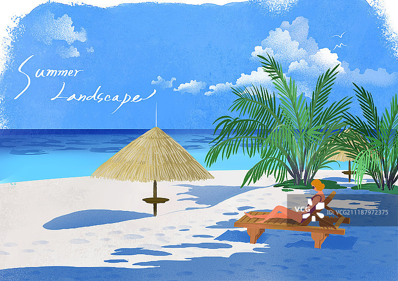 夏季海滩躺椅自然风光背景图片素材