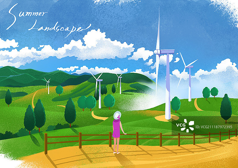 风景（概念图），夏季，远方（位置描述），风（替代能源），风力涡轮机（涡轮），山丘图片素材
