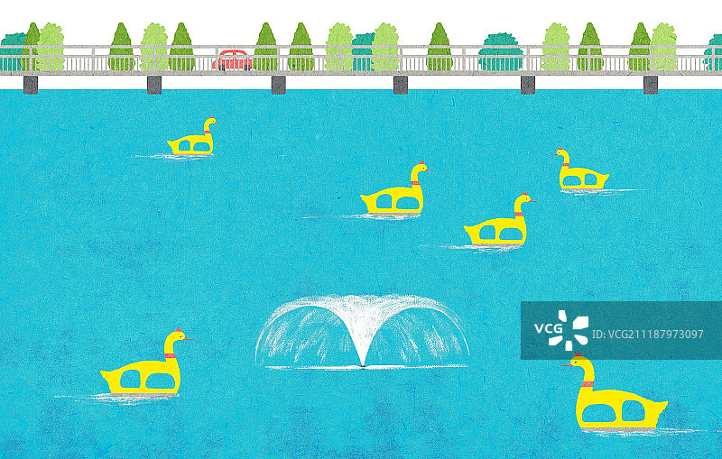 春季湖面风光与鸭子船图片素材