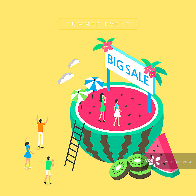 夏季商业活动微缩景观：西瓜、梯子、棕榈树与猕猴桃图片素材