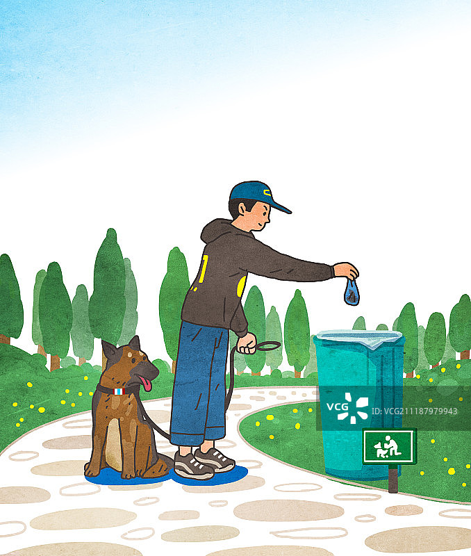 宠物（宠物），宠物票，宠物票，狗，垃圾（垃圾箱），树，步行（身体活动）图片素材