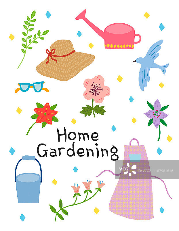 园艺（休闲），家庭园艺，园艺设备，爱好，植物，草帽，洒水壶，围裙，水桶（容器）图片素材