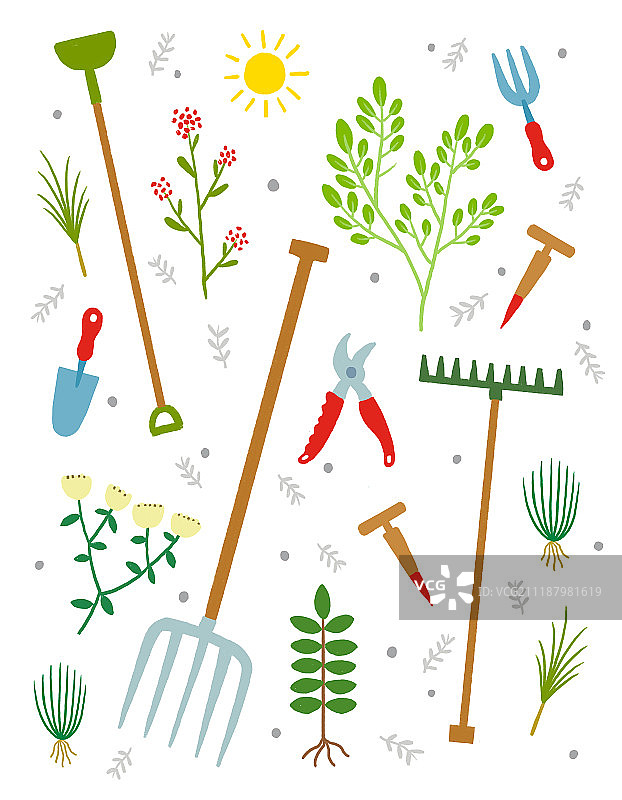 园艺休闲：家庭园艺设备、爱好、植物和铁锹图片素材