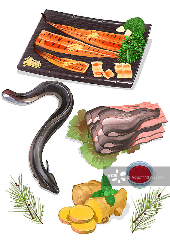 食物、休闲、食物配料、烹饪、伏天、丰川鳗鱼（鱼）、淡水鳗鱼（淡水鱼）、烤鳗鱼、生姜图片素材