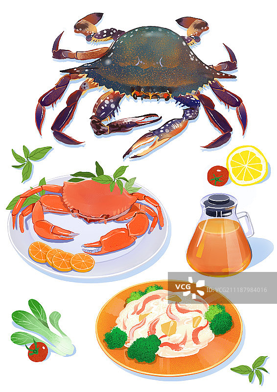 海鲜美食：螃蟹、清蒸菜、酱汁、刺身图片素材