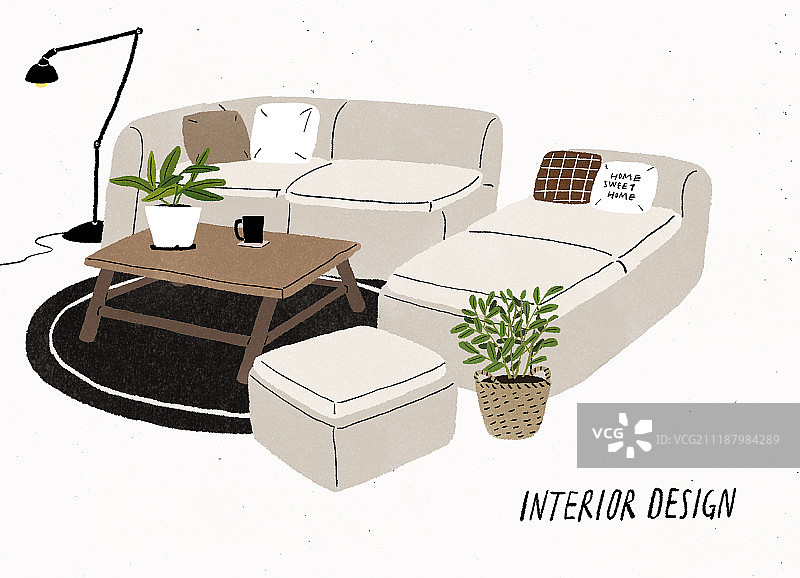 室内家居装饰（房屋维修）、家具、房屋、木材（材料）、客厅、沙发、桌子、展台、花盆、地毯图片素材