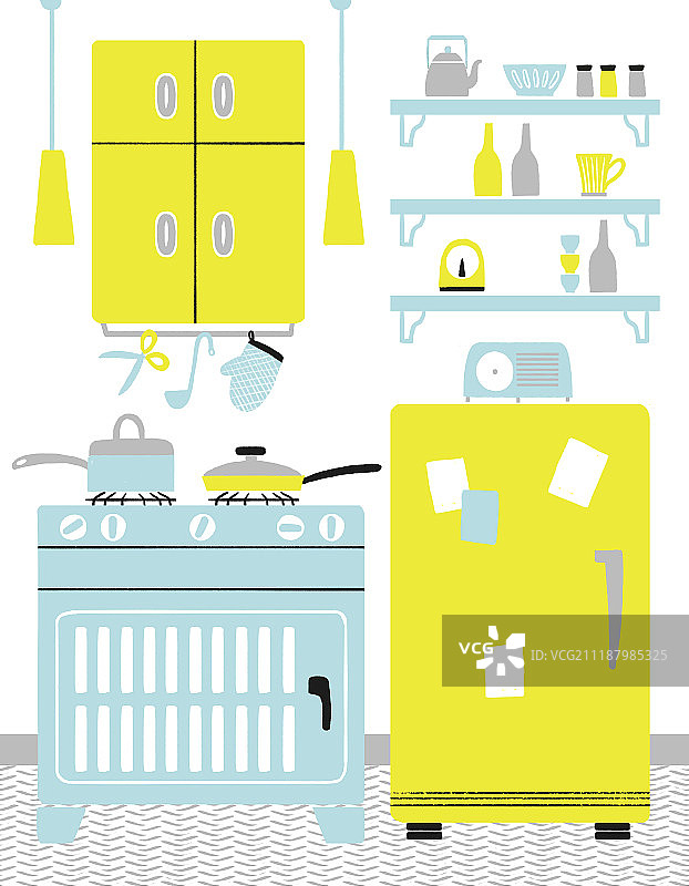 厨房（建筑），配件，家具，复古风格，碗，室内，燃气灶（家居用品），烤箱，抽屉（家具），冰箱，锅图片素材