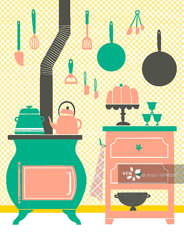 厨房（建筑）、配件、家具、复古风格、碗、室内、炉灶、水壶、煎锅图片素材