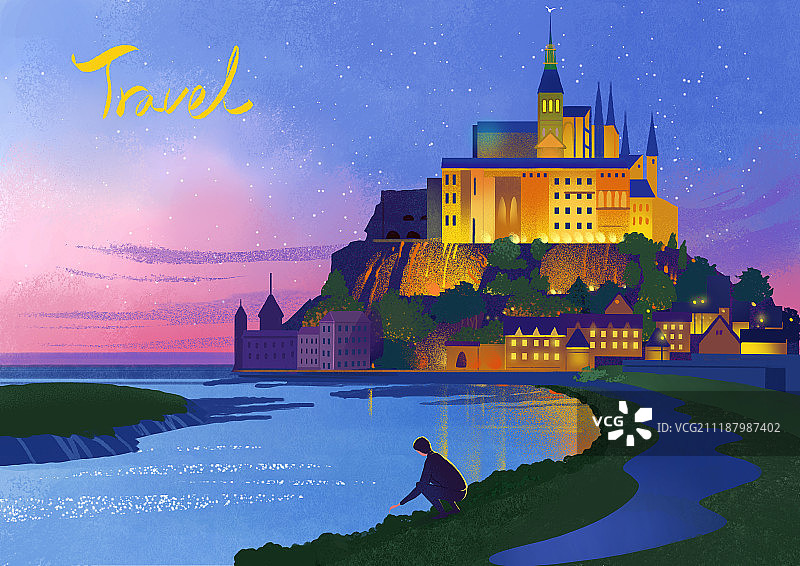 世界旅行地标法国圣米歇尔山黄昏景色图片素材