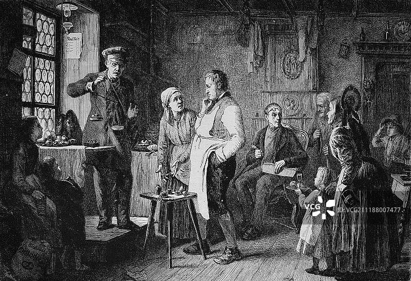 1880年木刻版画：伪劣砝码的校准检查图片素材