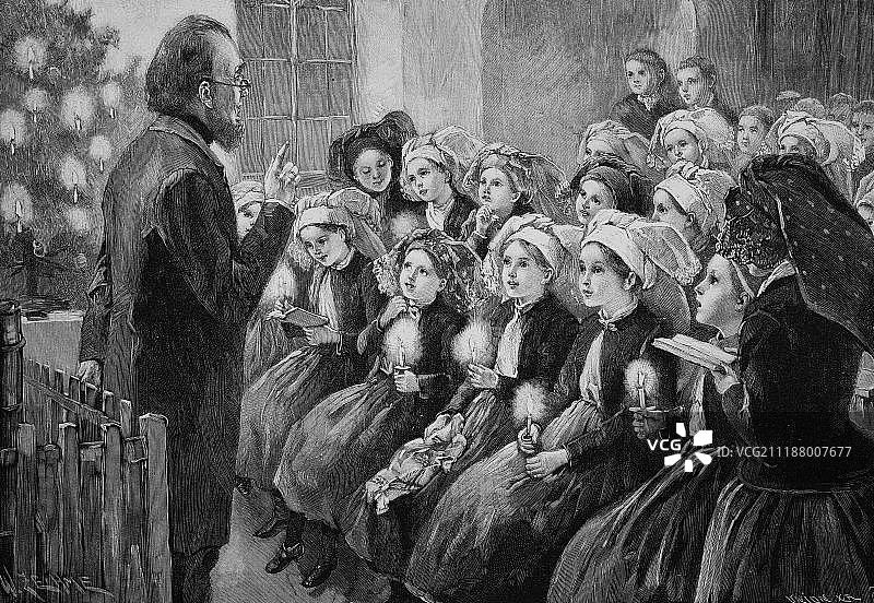 德国施普雷瓦尔德学校的圣诞庆祝活动（1880年木刻）图片素材
