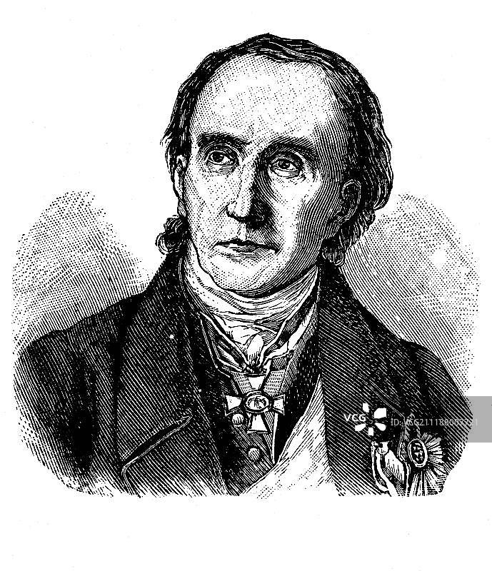 海因里希·特奥多尔·冯·舍恩，1773-1856年，普鲁士政治家，1880年左右的木刻版画图片素材