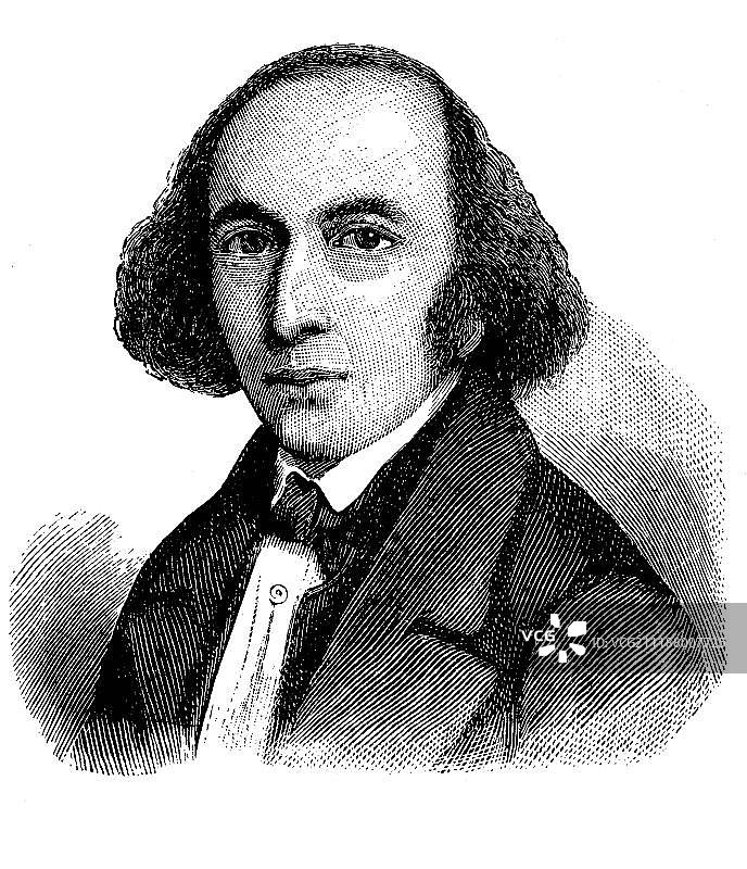 约翰·雅各比，1805-1877年，德国医生、犹太人平等倡导者、普鲁士政治家和德国激进民主领袖，1880年左右的木刻版画图片素材