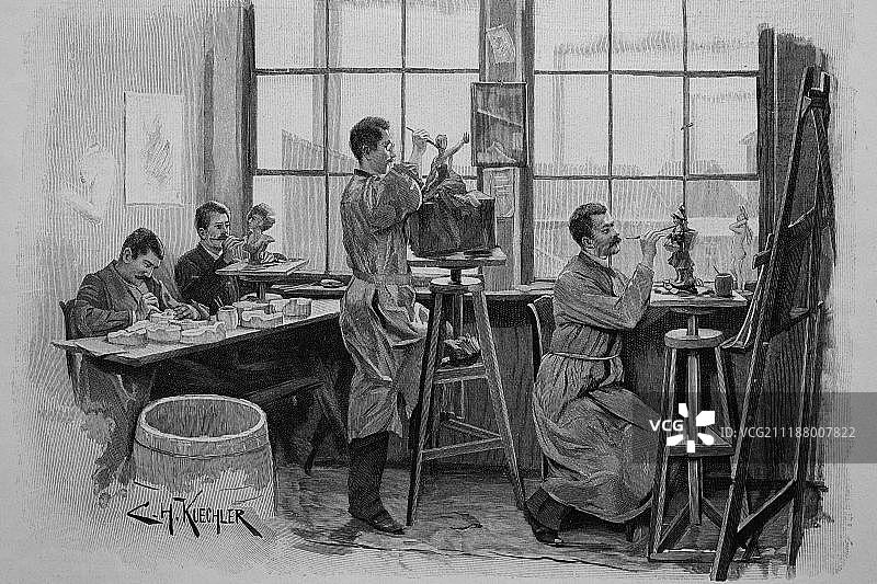 瓷器和木雕制造原型工作室，约1880年图片素材