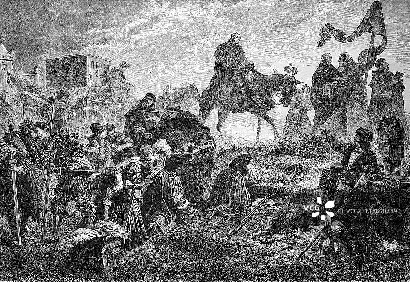 特泽尔的赎罪券，多米尼克修士约翰·特泽尔（1460-1519）出售赎罪券，1880年左右的历史版画图片素材