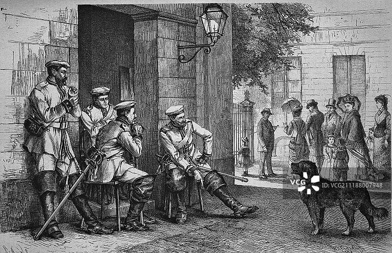 柏林夏洛滕堡宫卫队骑兵，德国，历史木刻，约1870年，欧洲图片素材